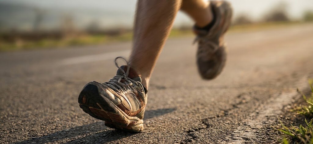 Runner's feet mid-stride showing running cadence